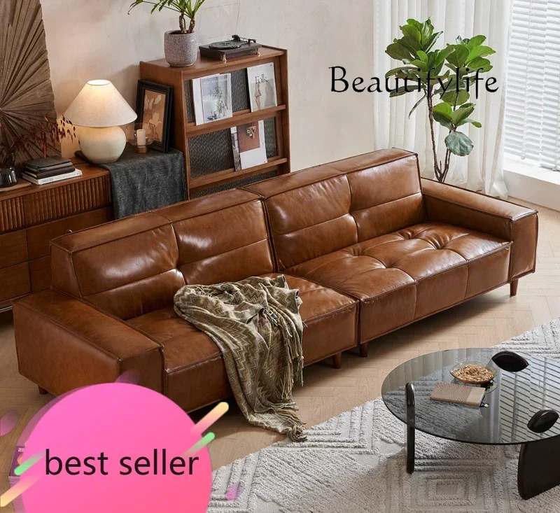 Nordic medieval leather sofa living room Italian minimalist oil wax leather three-person sofa