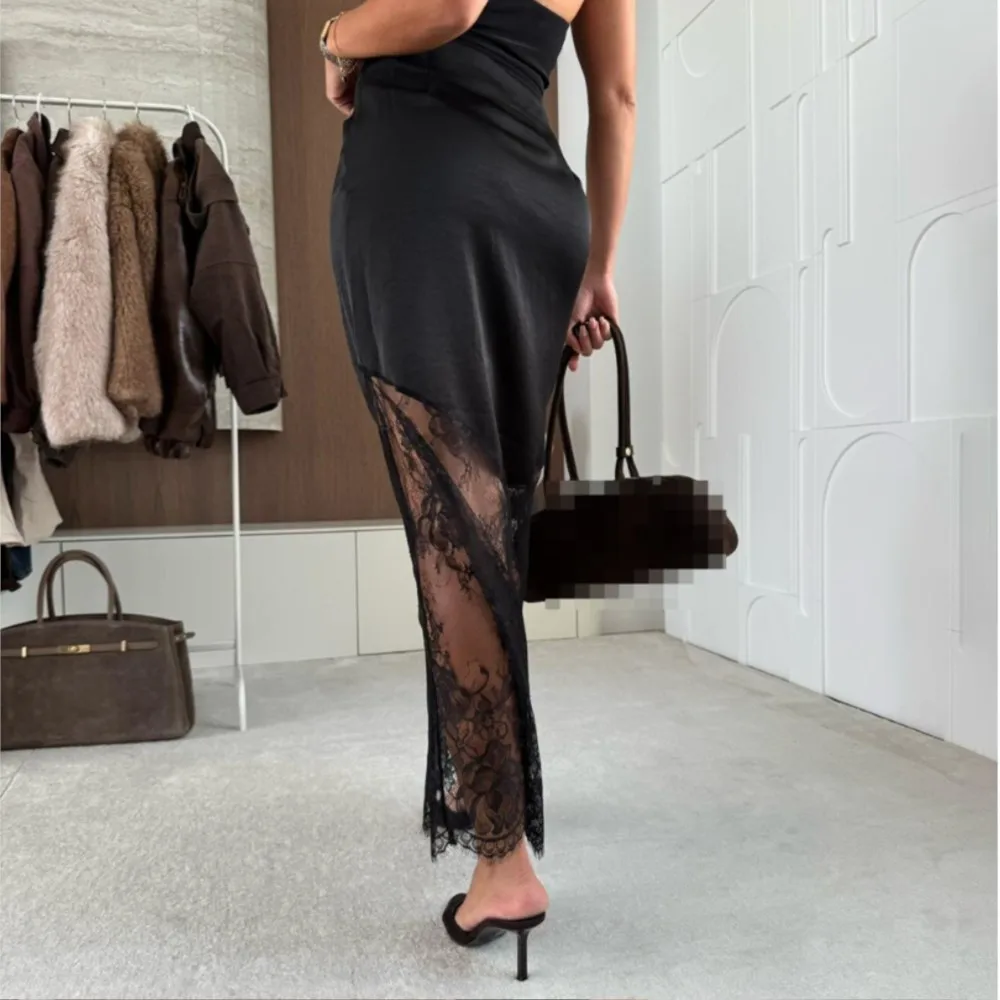 레이스 섹시 롱 스커트 봄 여름 새틴 우아한 루즈 스플라이싱 여성 의류 하이 웨이스트 슬림 핏 홀로우 불규칙한 밑단