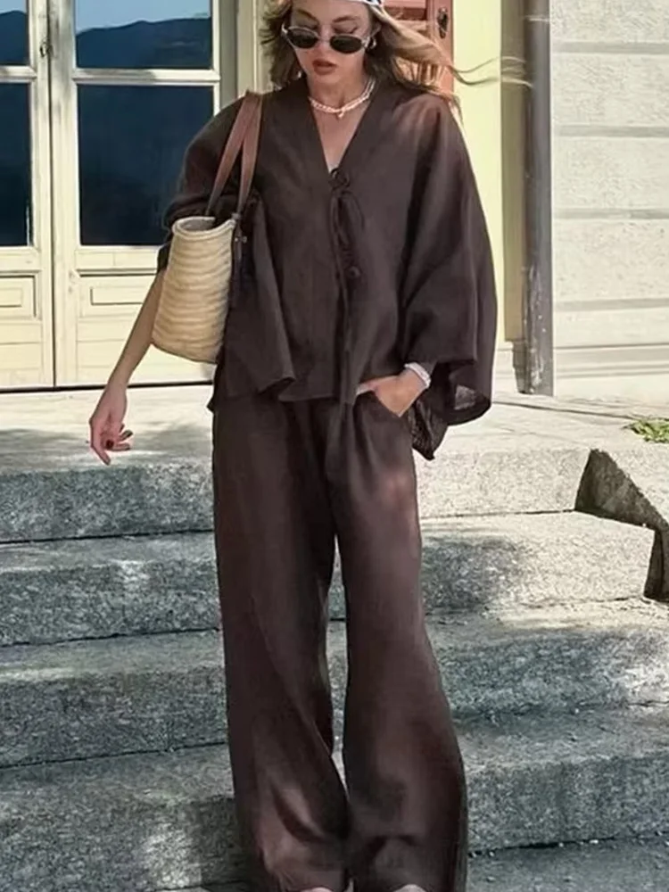 

HH Женская мода с v-образным вырезом и бантом на шнуровке, рубашка с длинными рукавами + карманы с высокой талией, осенний плиссированный костюм на молнии для отдыха, однотонные брюки