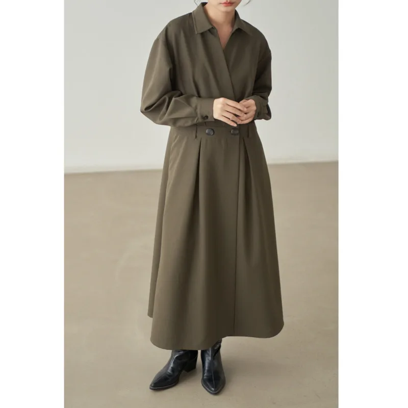 KWTX Damski trencz Sukienka Jednolity kolor z paskiem w talii Wysokie rozcięcie Vintage Streetwear Miękka Wiosna Lato 2025 Wysoka jakość