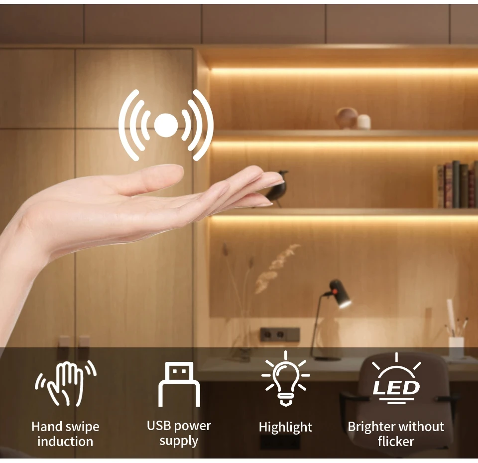 SMD2835 USB Led Sensor Strip Light 5V Hand Scan ON OFF Control Backlight Tape for TV Kitchen Cabinet Wardrobe