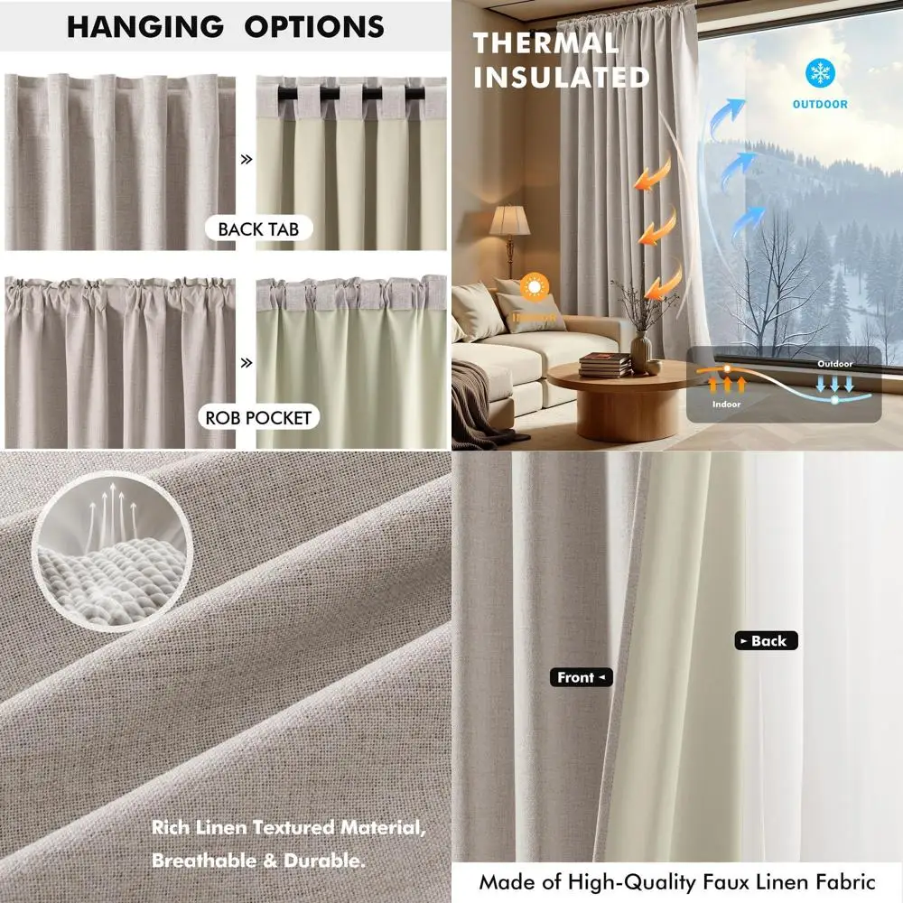 

Термоизолирующие светонепроницаемые льняные шторы, цвет слоновой кости, 42x108, комплект из 2 панелей для спальни и гостиной