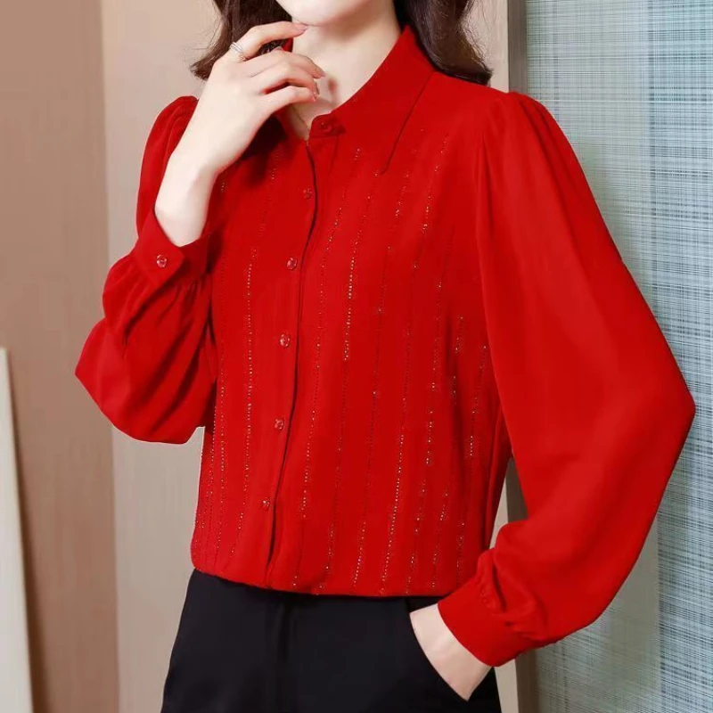 Blusas elegantes de gasa para mujer, camisa informal de manga larga con cuello vuelto, con botones, para primavera y verano, 2023