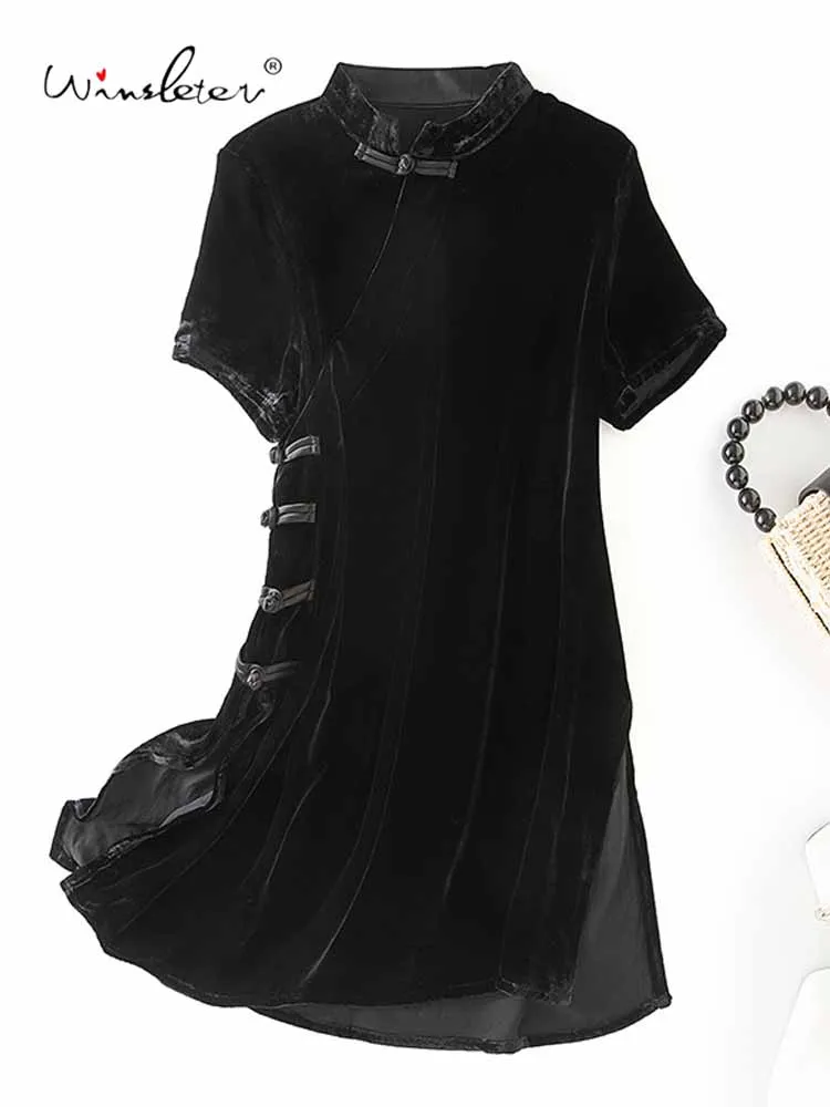 

Winsleter-Women's Lining 100%Real Silk Elegant Velvet Dress, Stand Short Sleeve Button, Retro Dresses, 2025 Summer New D57535CC