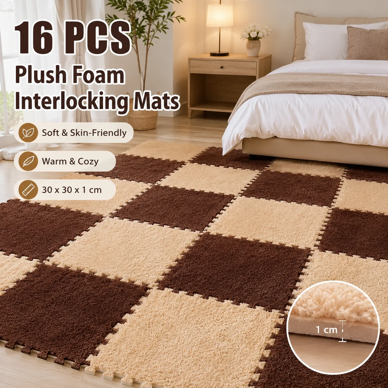 16Pcs Plush Foam Interlocking Mats 30x30cm Soft Puzzle Floor Tiles for Bedroom Kids Room Play Area Carpet Flooring