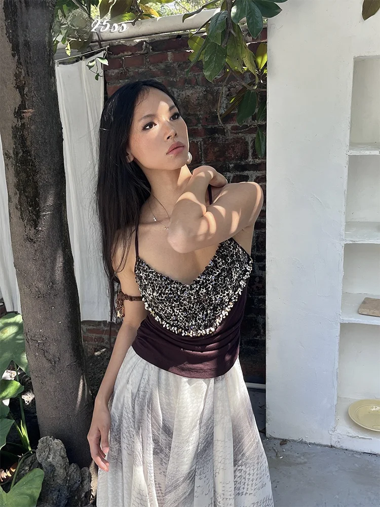 

Оригинальный дизайн, плотный вязаный жилет из шерсти с пайетками, эластичный, на бретелях, женский, модный, укороченный, цветной топ