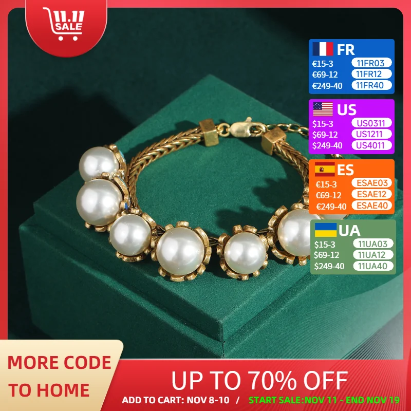 

Vintage Pearl Bracelets Woman Gold Color Chain Charm Natural Rhinestone For Wrist Ball Accessories Luxury Brand Jewelry 2025