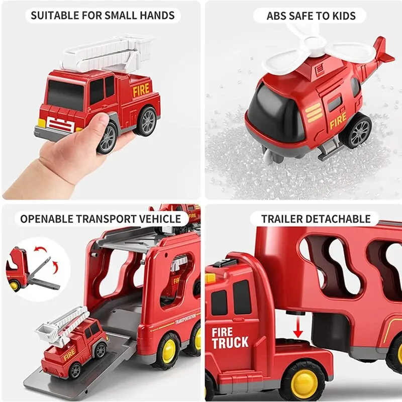 5pcs Kids Toy Construction Vehicles Transport Truck Carrier Toy Truck For Toddler Boys Girls Fire Truck Gift For Boys And Girls