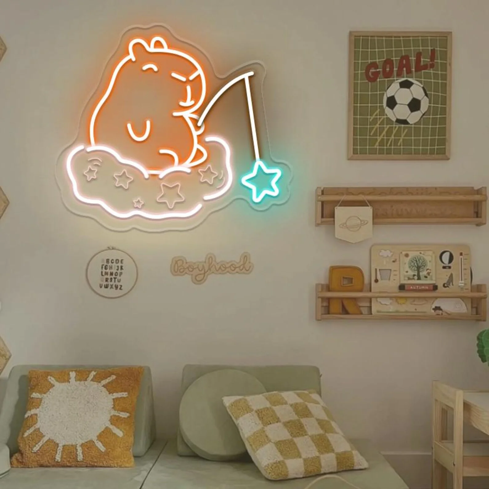Capybara Neon Sign Cute Capybara Fishing for Stars,Clouds Neon Sign,Animal Neon Sign,Home Kids Room Art Wall Decor