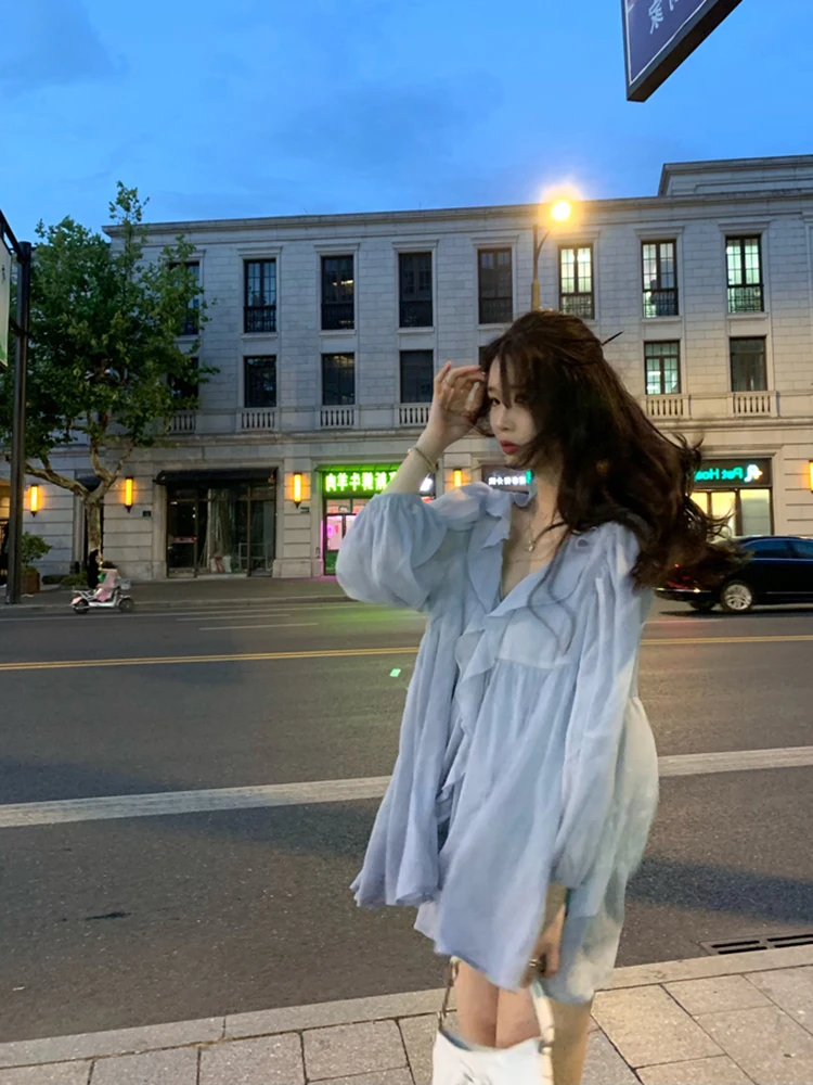 Loose Women's Chiffon Shirt V-Neck Long Sleeve Bubble Sleeve Breathable Spring Summer Fashion Casual Lazy Pure Desire Wood ...
