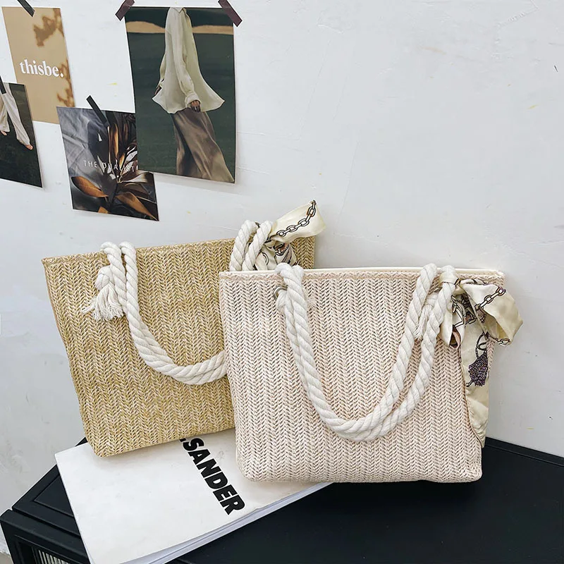 Ladies Large-capacity Popular Casual Straw Woven Bag Shoulder Bag New Ins Women's Bag Silk Scarf Woven Beach Bag