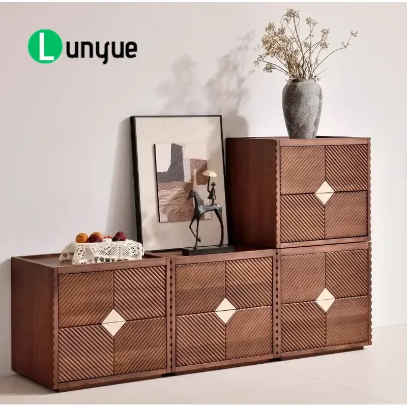 Solid Wood Modular Stackable Chest of Drawers Retro Wavy Carved Locker for Bedroom Entrance Side Cabinet Storage Furniture