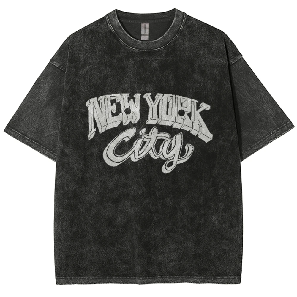 New York City Word Y2K Washed T-shirt, Oversized Streetwear Vintage Washed Surf T Shirts For Men Women top tee