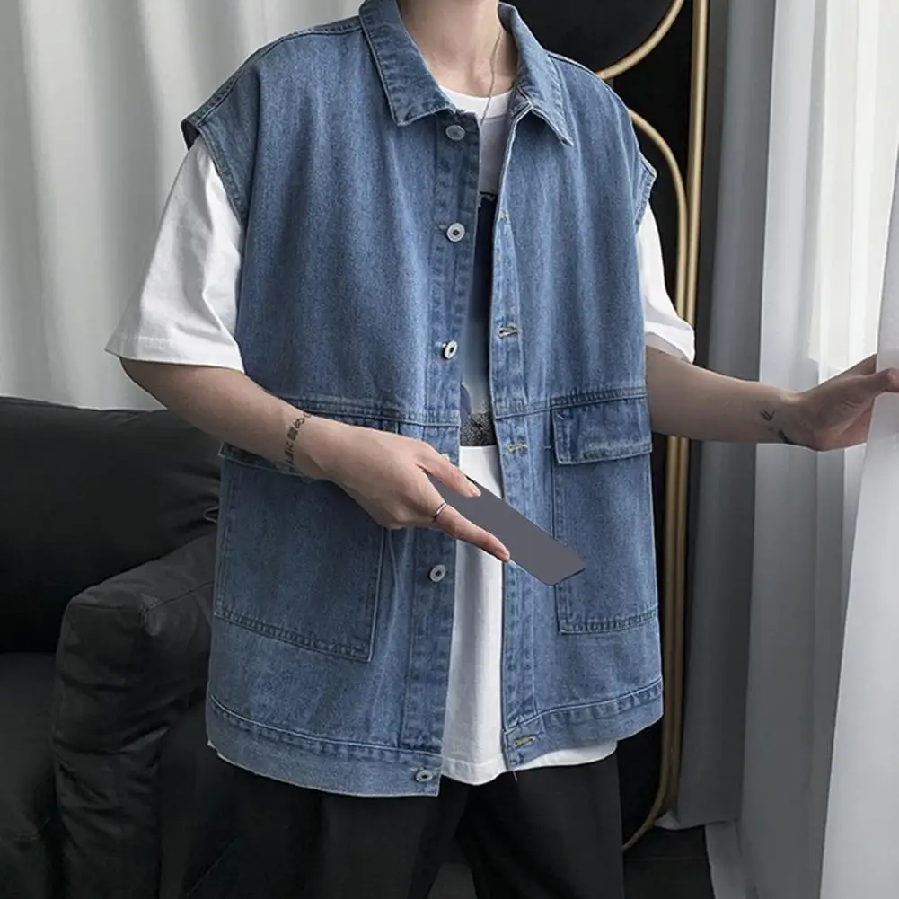 Men Summer Denim Vest Coat Lapel Sleeveless Single Breasted Large Pockets Design Denim Waistcoat Washed Cargo Waistcoat