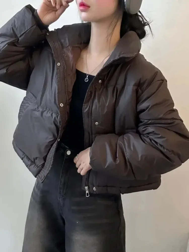 Chic Winter Women's Pure Color Zipper Stand Collar PU Protein Leather down Cotton Jaet ort Bread Sle Coat No Wa Required