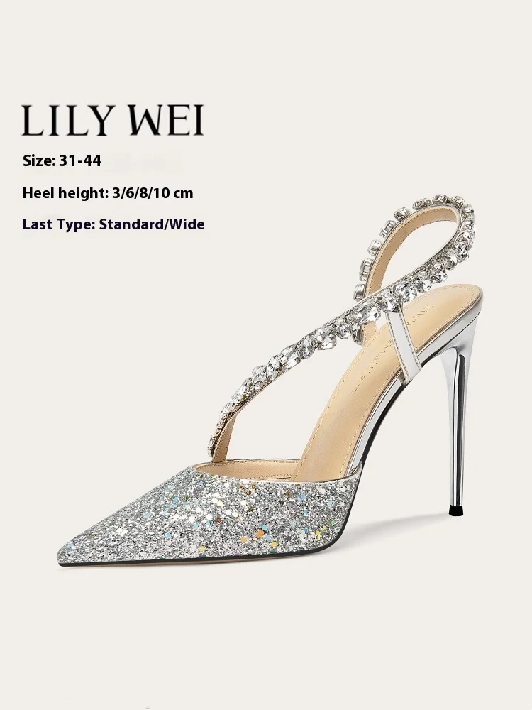 

Summer new pointed sequins rhinestones with wedding shoes thin high-heeled banquet dress large size small size women's sandals
