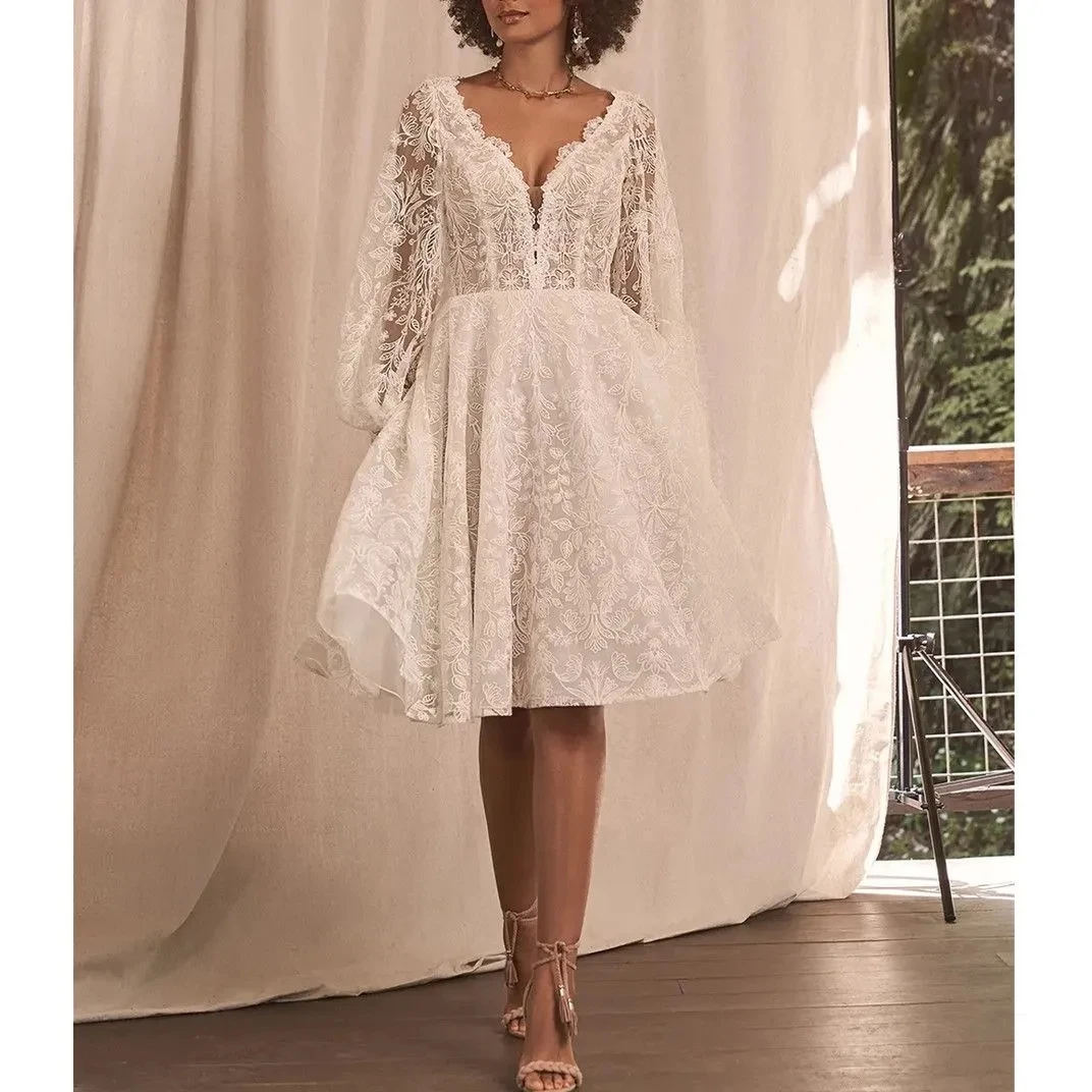 Mn-Robe de mariée bohème courte à fleurs, ligne A, col en V, dos nu, appliques en dentelle, élégante, fendue sur le côté, sans manches