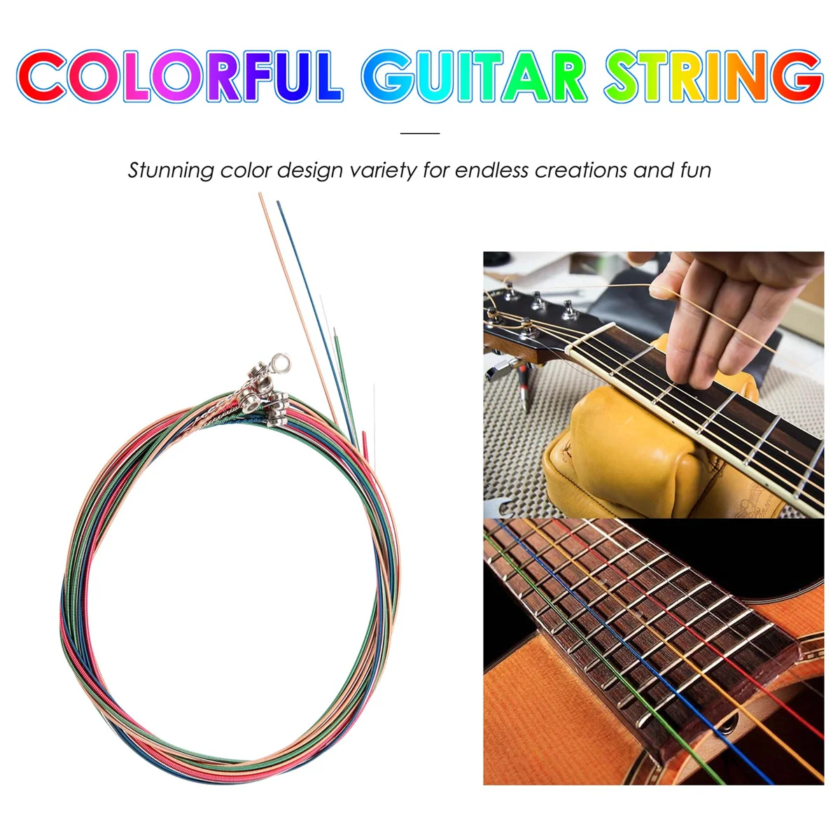 Set de cuerdas de colores coloridos arcoíris para guitarra acústica