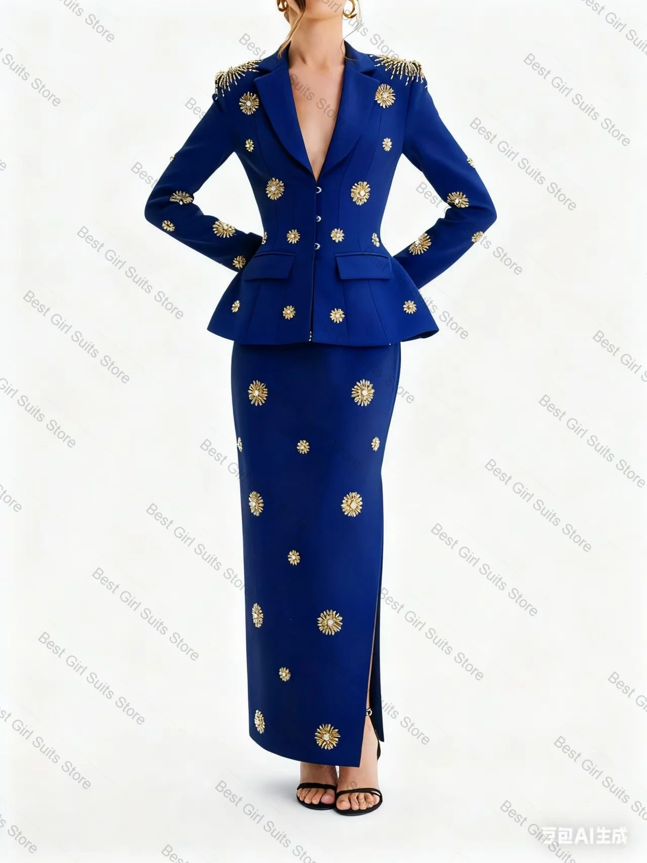 ロイヤルブルークリスタル女性スーツスカートセット 2 ピースブレザー + プロムドレスフォーマルオフィスレディジャケットカスタマイズされた結婚式のゲストコート