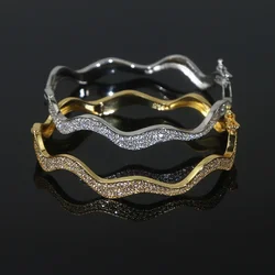 Micro Paved 5A Cubic Zirconia Trendy Female Jewelry Gold Color CZ Wide Wave Band Paved Bangle