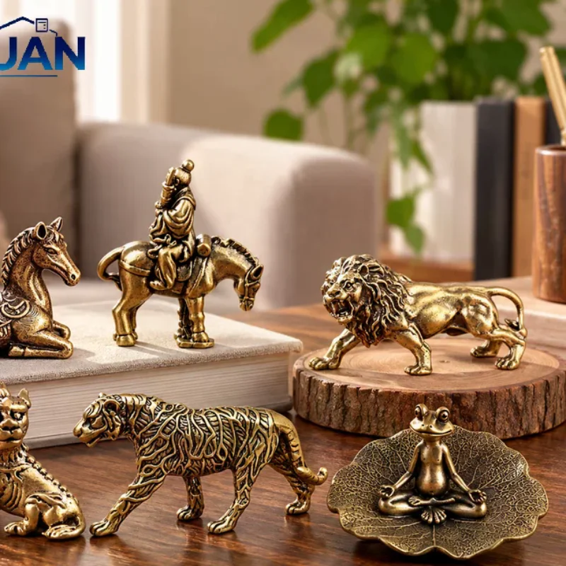 Vintage Solid Brass Mini Figurine, Lion Tiger Horse Qilin Meditating Frog Statue, Desktop Home Office Decor Collectible Ornamen