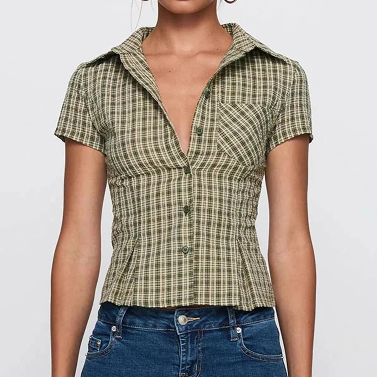 

Женская рубашка в клетку в стиле преппи с воротником, однобортная, облегающая, привлекательная, уличная одежда Y2K, повседневный повседневный новый модный топ с короткими рукавами
