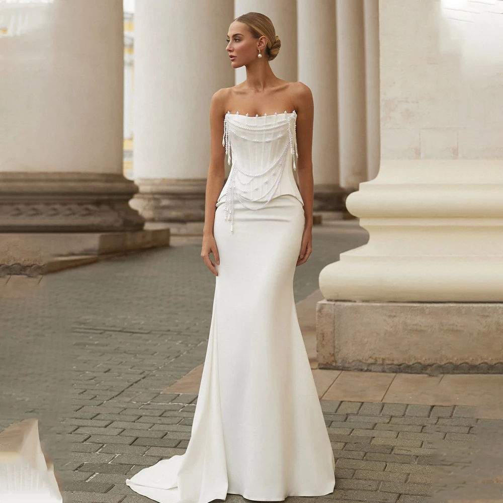 

Popular Pleat Scoop Neckline Satin Mermaid Wedding Dresses Custom Made 2025 Vestido De Noival