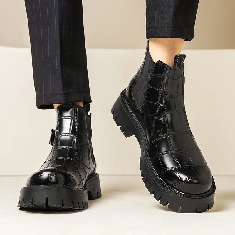 موضة سميكة سوليد الراحة أحذية جلدية غير رسمية فاخرة عالية أعلى الأعمال مكتب التنقل الأحذية جودة الرجال تشيلسي الأحذية #2