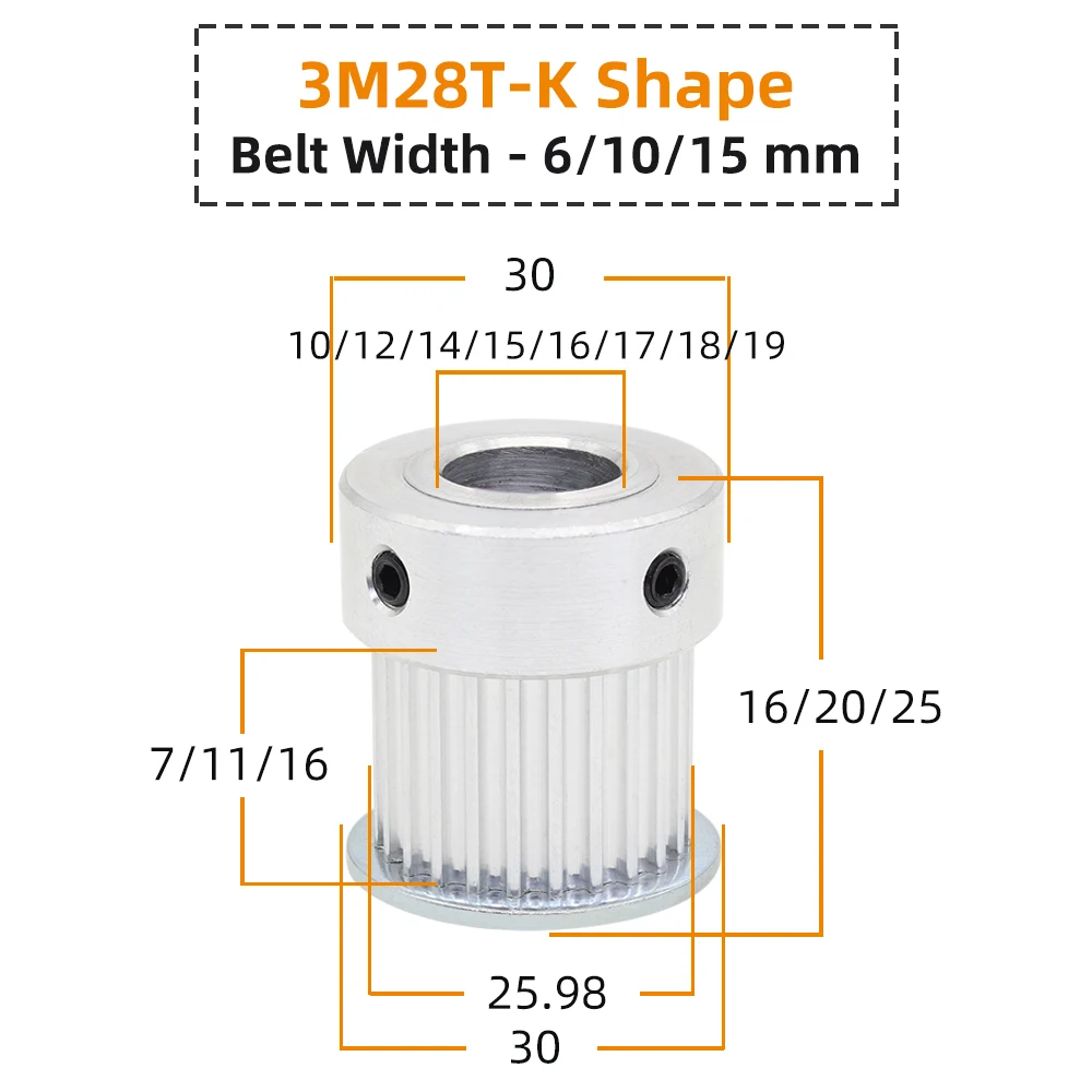 3M28T Synchronous Belt Pulley Pitch 3.0 mm Circle-arc Tooth Aluminum Pulley Wheel Belt Width 6/10/15mm Bore 4/5/6/6.35/7/8mm