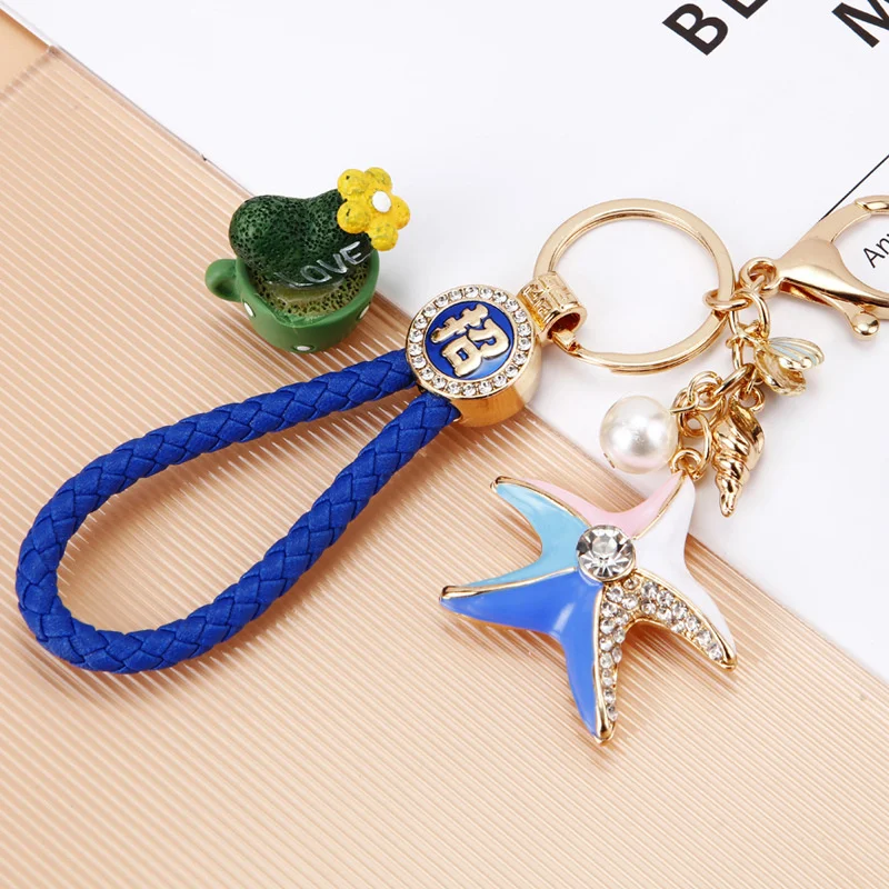 Rhinestone Crystal Metal Keychain Lovely Cartoon Marine Animal Starfish Keyring Girl HandBag Car Pendant Key Chain