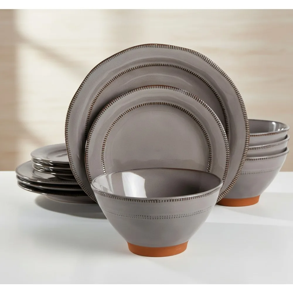 

Набор столовой посуды Terranea Round Reactive Glaze Terra Cotta, сервиз для четырех человек (12 шт.), серый - семейная столовая в деревенском стиле