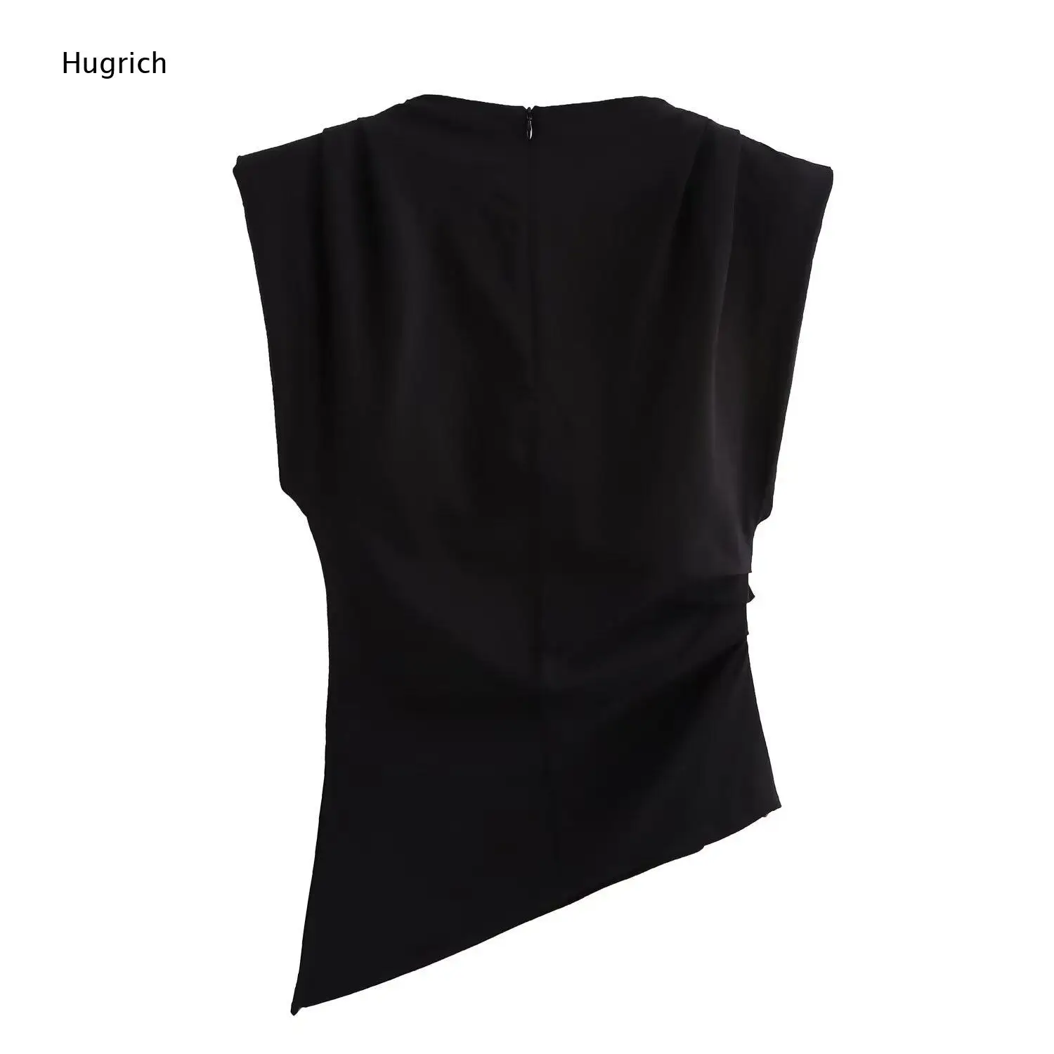 Round Neck Cap Sleeve Ruched Side Top Irregular Hem Slim Fit Back Zip Blouse Multi Color for Women Office Outfit