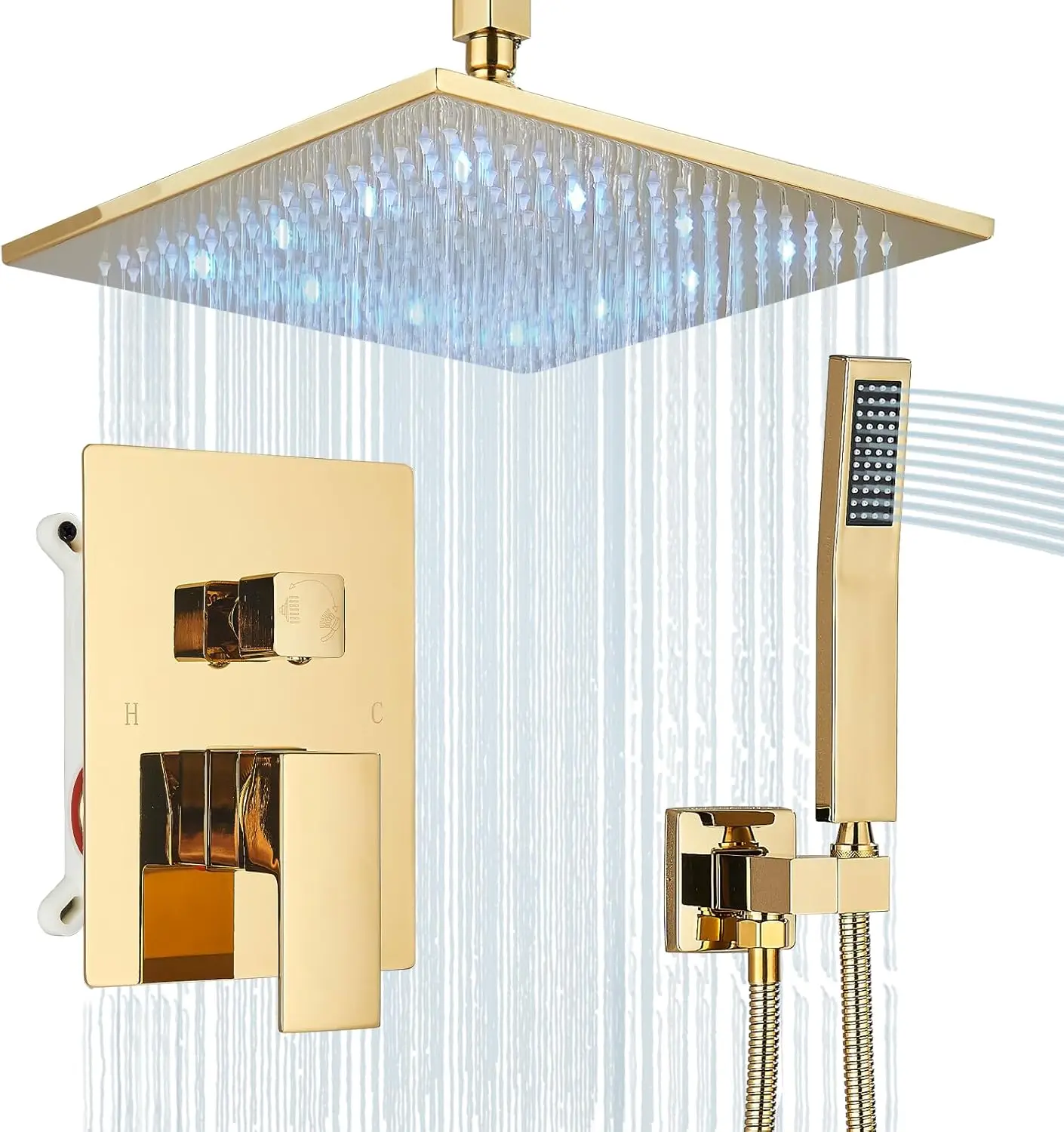 

12 Inch LED Rainfall Shower Head Set with Handheld Sprayer, Gold Finish, Temperature Color Change