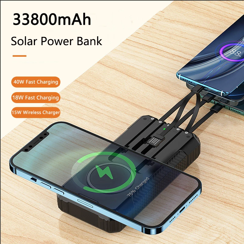 Banco de energía Solar de 33800mAh, cargador inalámbrico rápido para iPhone 15 14 Samsung S24 Huawei Xiaomi 40W