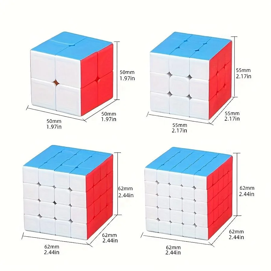 4pcs Speed Magic Cube Set Includes 2x2, 3x3, 4x4,  5x5 Cubes And 4 Cube Stands. Stickerles Design. Gift Boxed. Gift For Kids