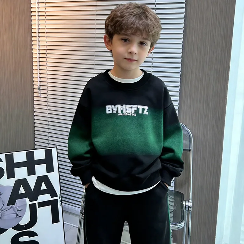 Kids Boys Gradient Print Tracksuit 4-14Y Spring Autumn Fake Two Piece Sweatshirt + Jogger Pants Casual Streetwear Sportswear Set