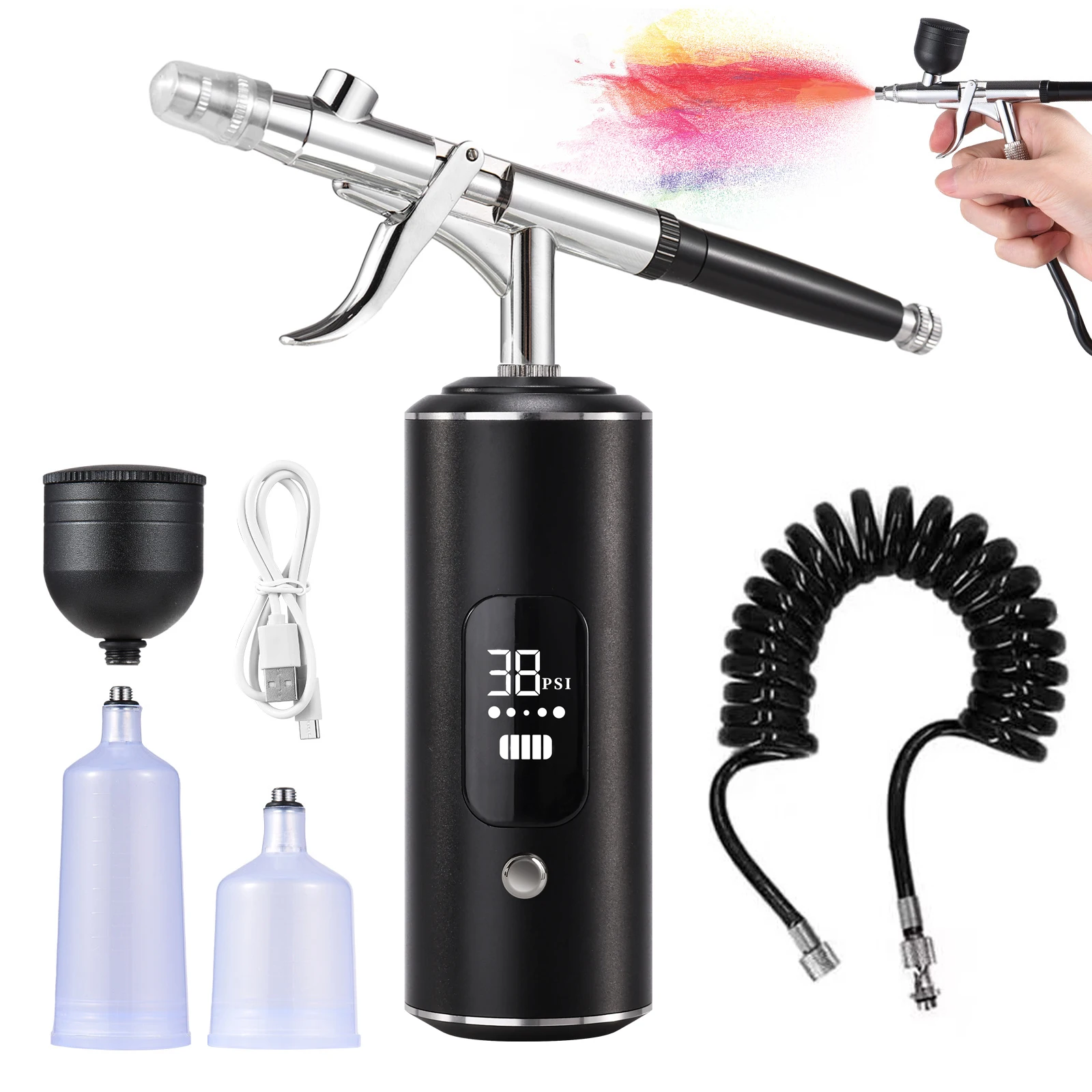 Portable Rechargeable Dual Action Air Spray Gun Kit with Rechargeable Battery, Wireless Handheld Air Spray Gun Compressor Set fo