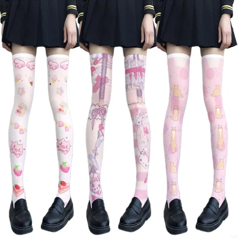 

L5YC Women Cartoon Thigh High Stockings Anime Pig for Cat Bear Print Long Sock