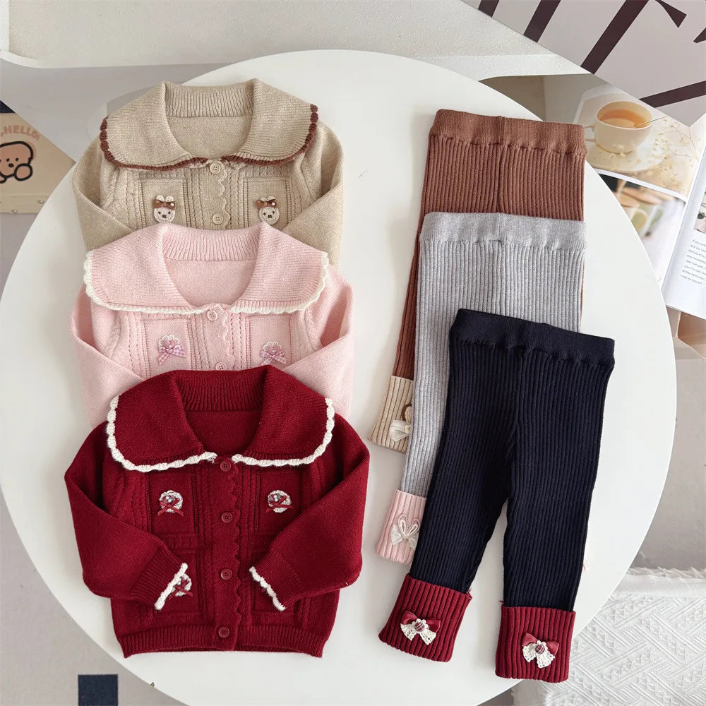 Bellbell Autumn Winter Baby Girls 2Pcs Set Infant Girl Cartoon Lapel Sweater Cardigan Suit Newborn Girls Ribbed Leggings Outfits