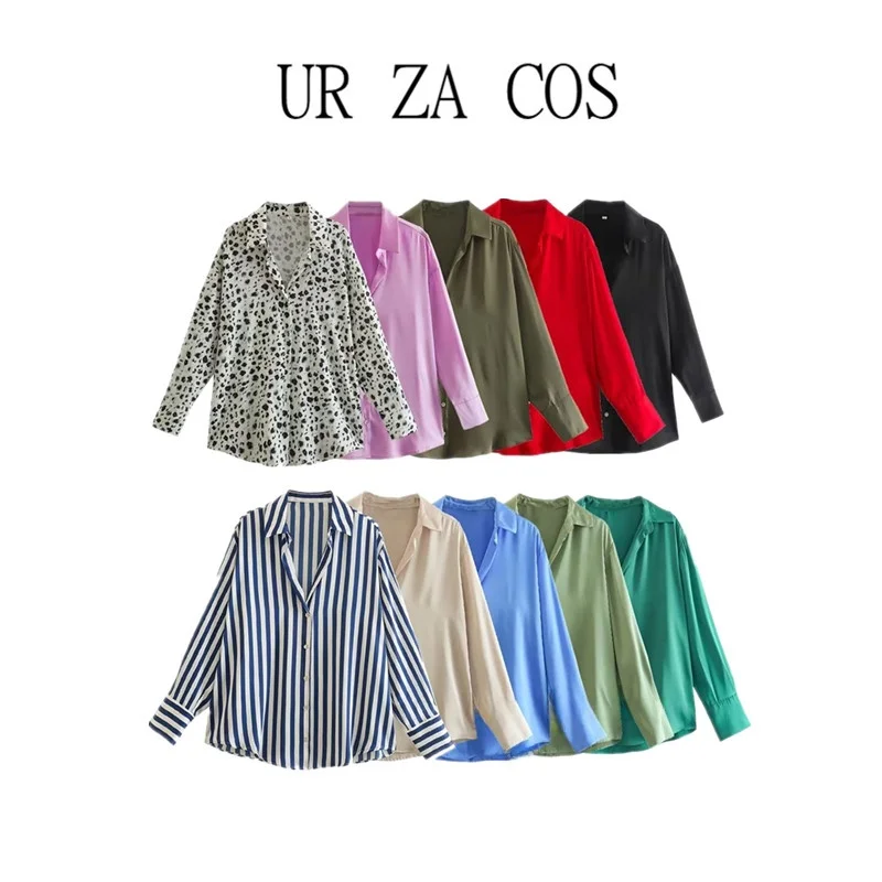 Csa de cetim de seda versátil primavera 2023 moda fena gola  manga crida crimento regular botão detalhe cor ...