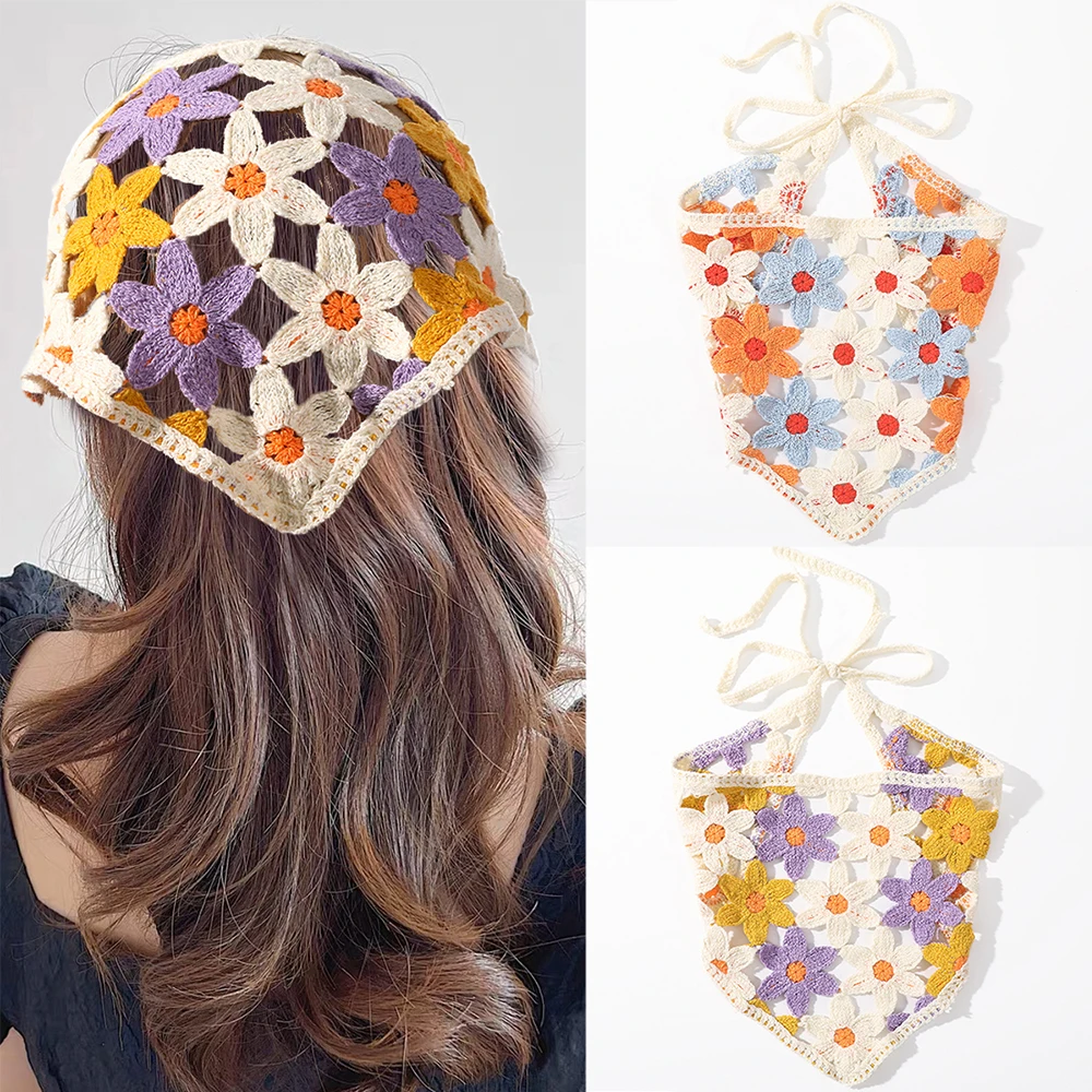 Molans Knitted Triangle Scarf Headbands Women Hollow Flower Korean Hair Band Turban Bandana Headwarp Fashion Hair Accessories