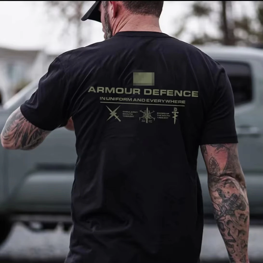 Unisex Graphic T Shirt Armour Defence Military Text Symbol Large Back Print in Uniform and Everywhere Chinese Army