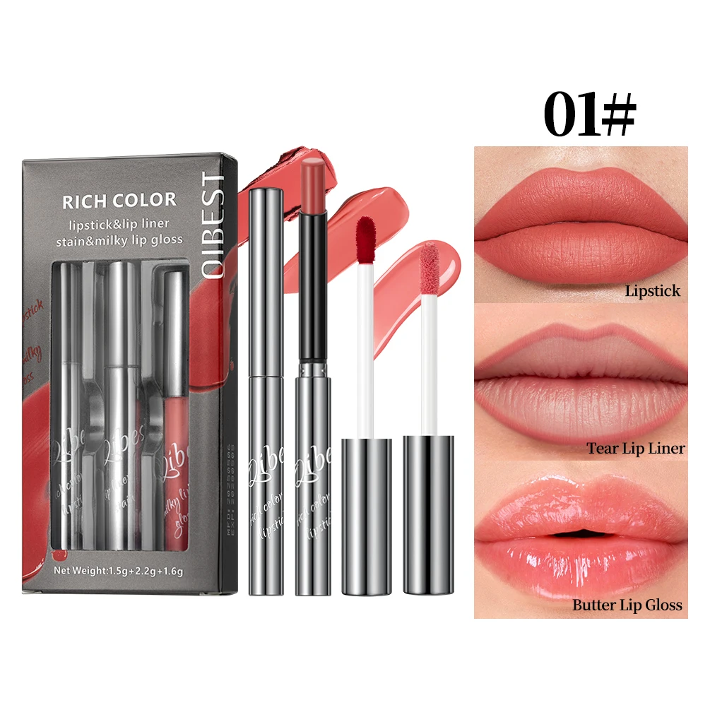 

QIBEST 3pcs Lip Makeup Kits Include Lip Stain,Tear Off Lip Liner,Lip Glaze Lasting Cosmetic Nude Matte Velvet Liquid Lipstick