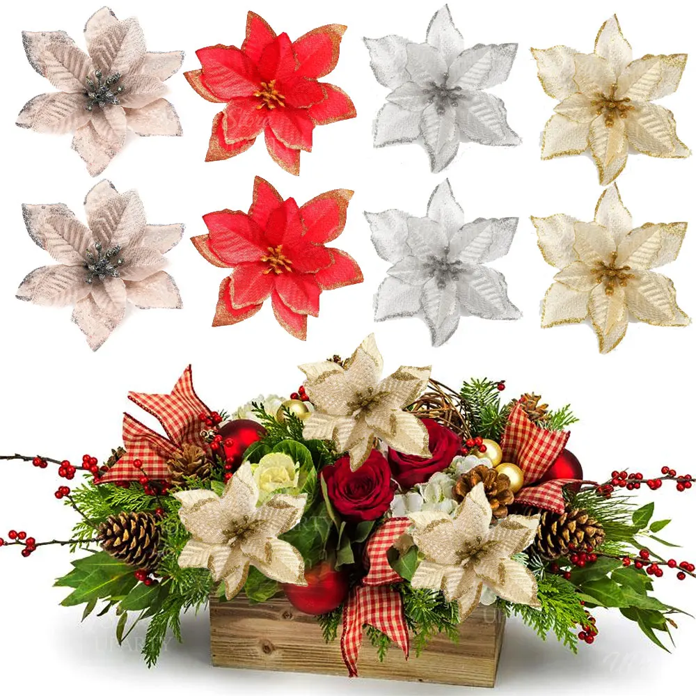 10 Stück künstliche Weihnachtsblumen, 13 cm, glitzernde goldrote Weihnachtsstern-Blumen für Weihnachtsbaum, DIY-Kranz, Weihnachtsfeier-Dekorationen – Detail 1