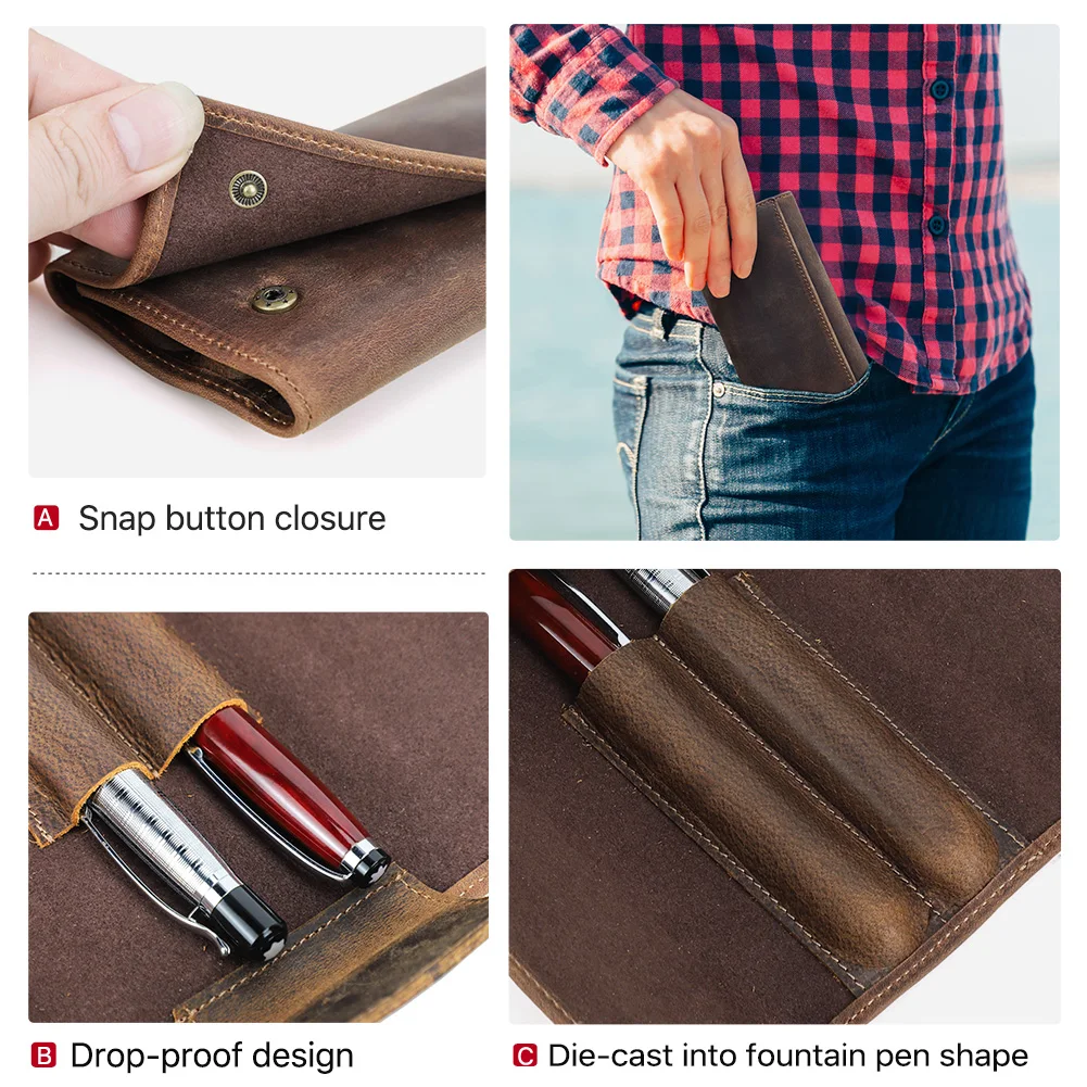 Handmade Leather Pen Roll Case For Fountain Pen / Roller Pen Pencil Bag Retro Cowhide Pen Pouch Holder School Office Stationery