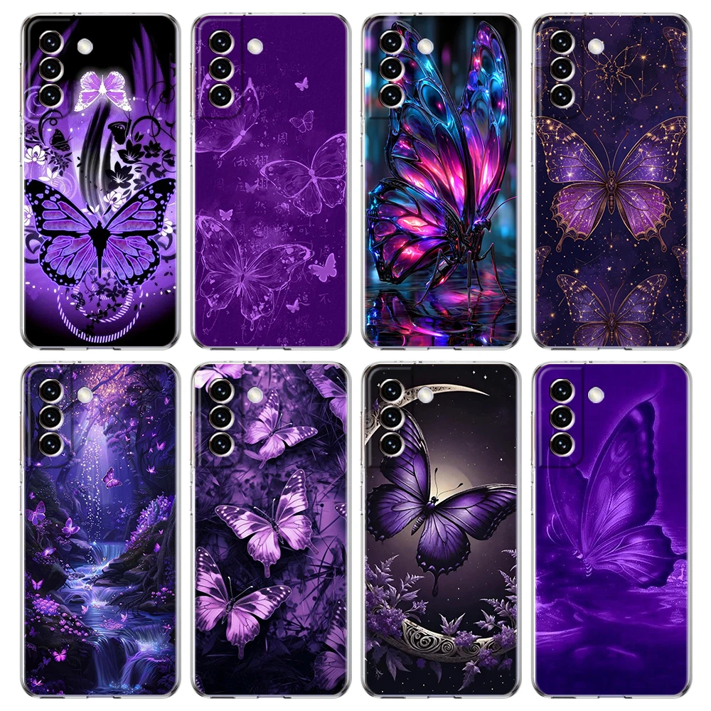 Art Purple Butterfly Transparent Cover for Samsung Galaxy S25 Edge S24 S23 S22 S20 S21 FE Ultra S10 S10E Plus 5G Phone Case Capa