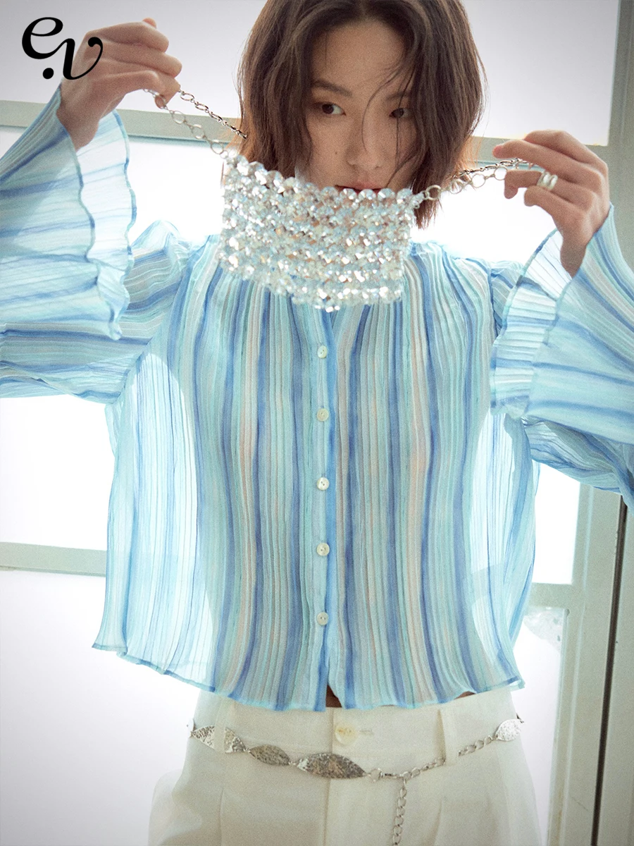 

Винтажный солнцезащитный топ из шифона с длинными рукавами, плиссированный, с вертикальными полосками, текстурированный, весенне-летний, модный, универсальный.