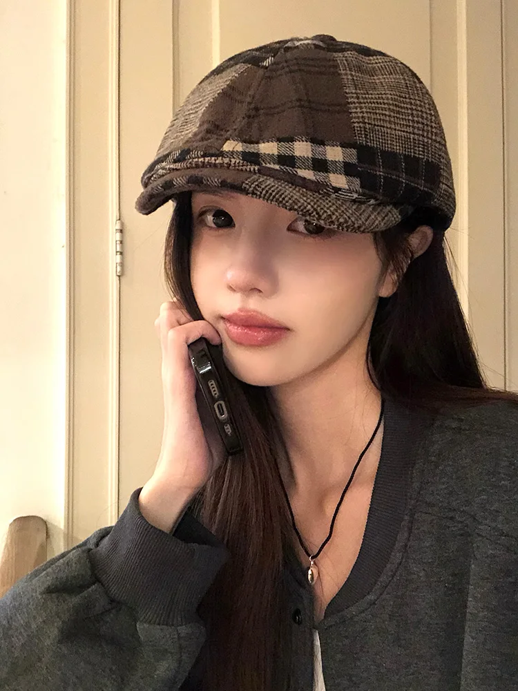 Retro Plaid Color Block Forward Beret Hat Women's Autumn Winter New Fashion Versatile Large Head Circumference Small Face Beret
