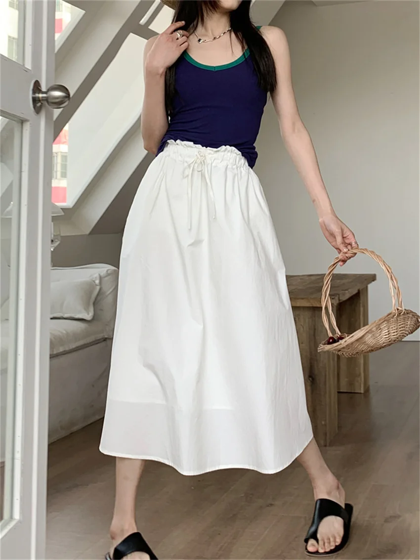 PLAMTEE White A-Line Skirts Minimalist Solid Women Lady Pockets 2023 Chic Gentle OL Loose Summer High Waist Casual All Match