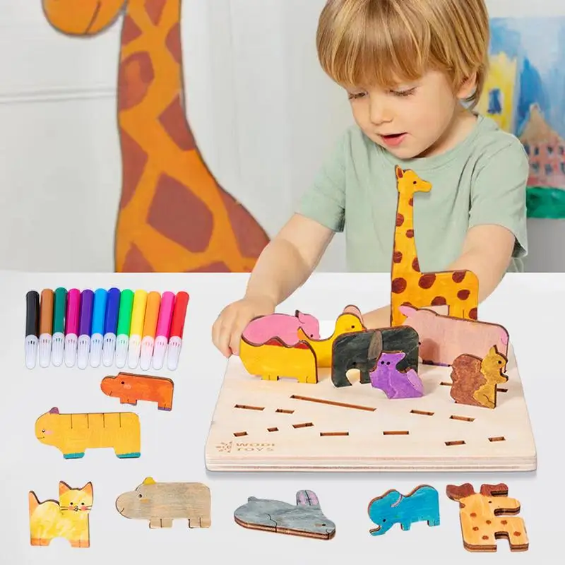 Puzzles en bois pour tout-petits, jouets d'appariement d'animaux, jouets d'apprentissage Montessori pour enfants d'âge alth, puzzle graffiti 3D